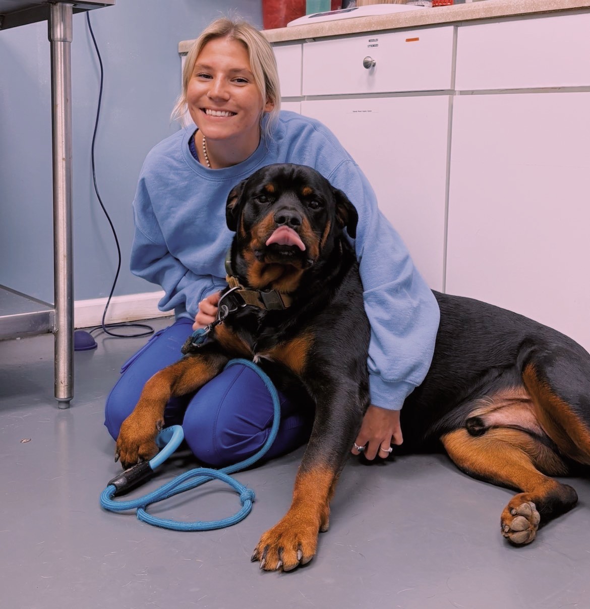 Smiling vet kneels beside a Rottweiler on clinic floor
